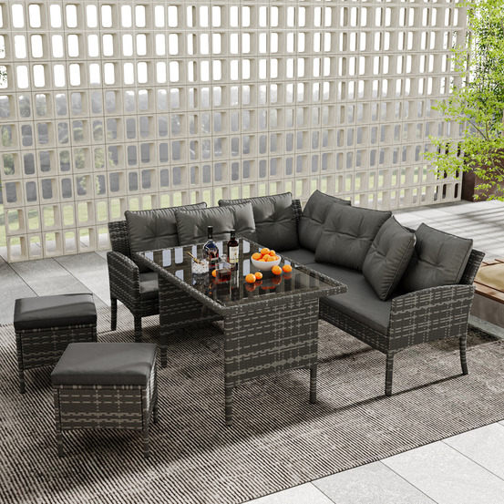 Salon polyrotin 7 pers: canapé, table, pouf, coussins, housse déhoussable lavable gris