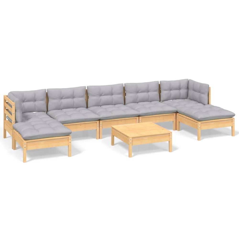 Salon de jardin 8 pcs avec coussins gris bois de pin