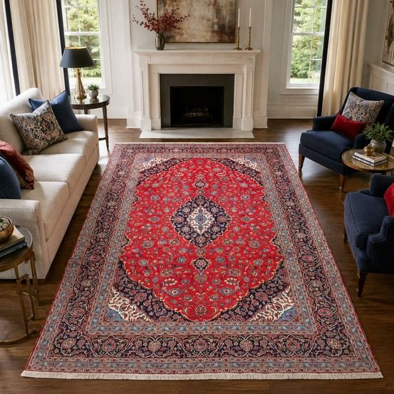 Tapis d'orient, 283 x 413 cm, rouge, bleu et crème, noué main, ardakan 5