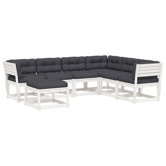 Salon de jardin 7 pcs avec coussins blanc bois de pin massif