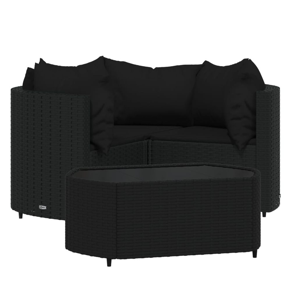 Salon de jardin 4 pcs avec coussins noir résine tressée