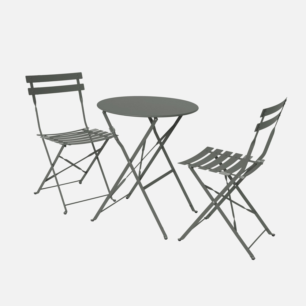 Salon de jardin bistrot pliable emilia rond, table diamètre 60cm avec deux chaises pliantes, acier thermolaqué