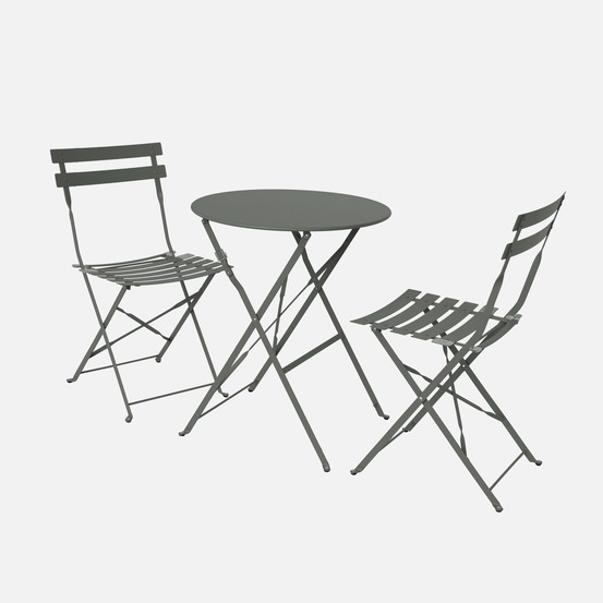 Salon de jardin bistrot pliable emilia rond, table diamètre 60cm avec deux chaises pliantes, acier thermolaqué