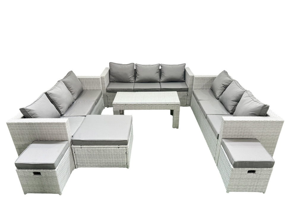 Ensemble de meubles d'extérieur en rotin 12 places avec table basse oblongue 3 tabourets gris clair mixte