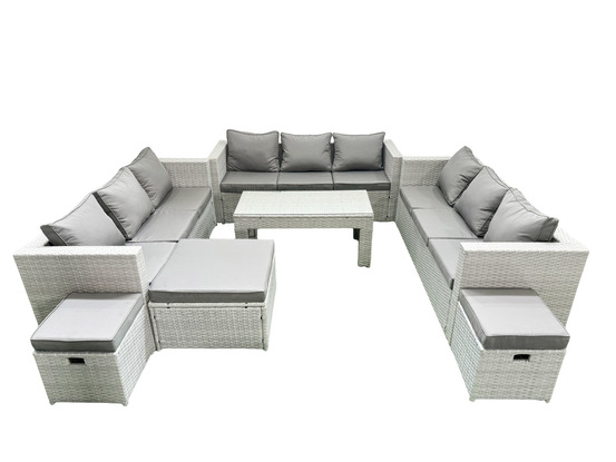 Ensemble de meubles d'extérieur en rotin 12 places avec table basse oblongue 3 tabourets gris clair mixte