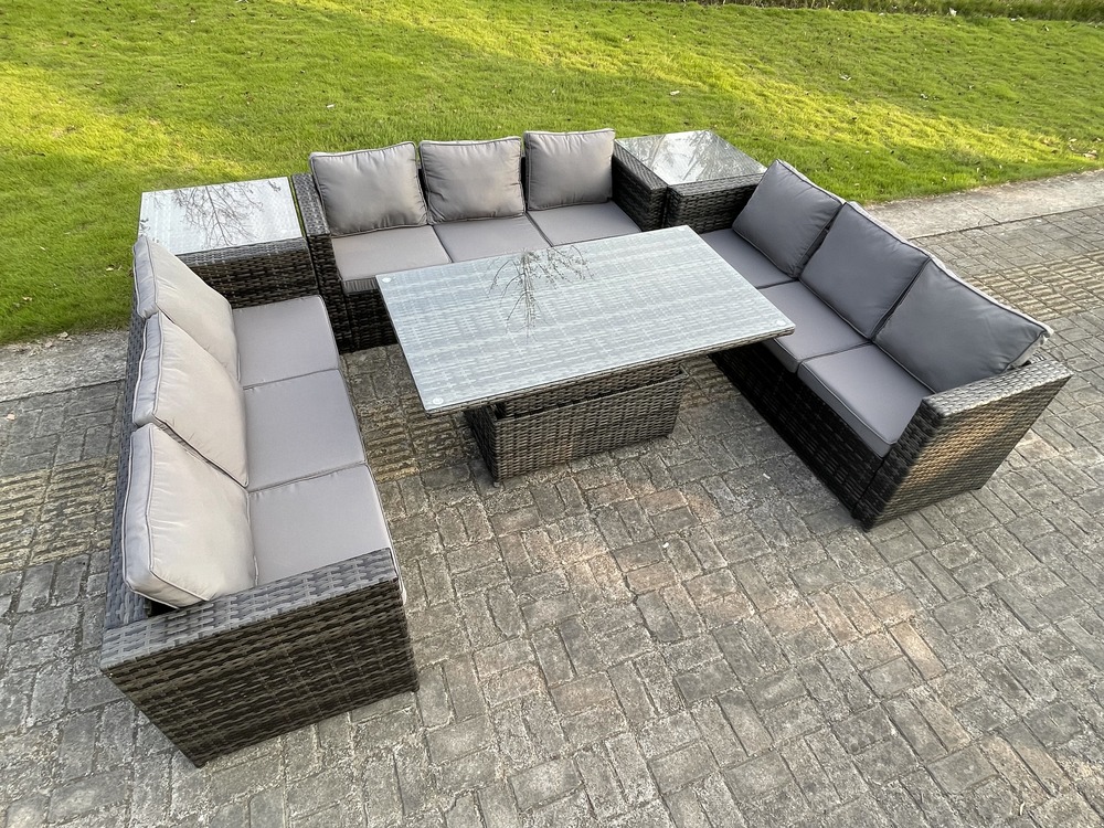 U rotin meubles de jardin salle à manger ensemble canapé réglable table à manger avec 2 tables basses latérales