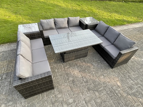 U rotin meubles de jardin salle à manger ensemble canapé réglable table à manger avec 2 tables basses latérales