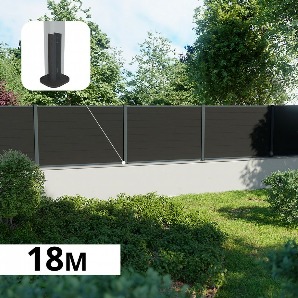 Kit clôture composite sur muret rio anthracite 18x1,2m - bois composite & aluminium - poteaux sur platines gris - brise vue