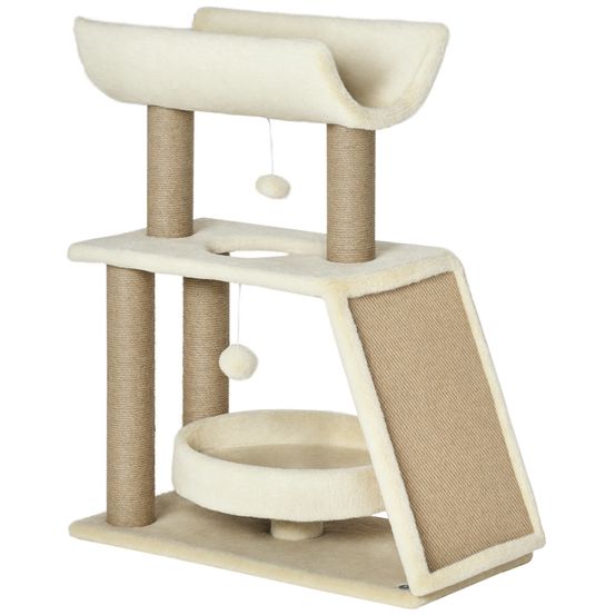 Grattoir arbre à chat bois peluche avec niche lit coussin sisal 60x30x76cm marron