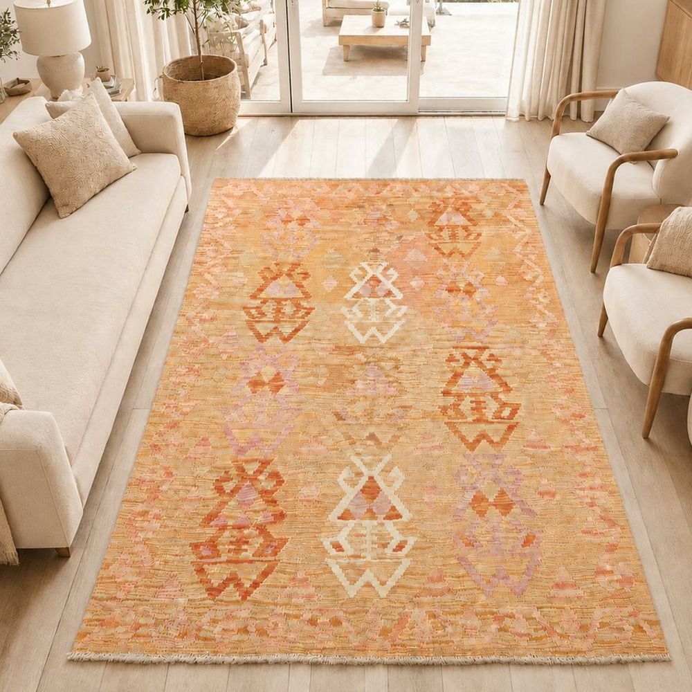 Tapis kilim 102 x 158 cm, orange, crème et rose, laine naturelle, kilim 54