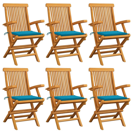 Chaises de jardin avec coussins bleu lot de 6 bois teck massif