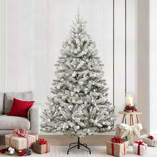 Sapin de noël haut de gamme pvc 240 cm enneigé, lumineux led et 120 boules