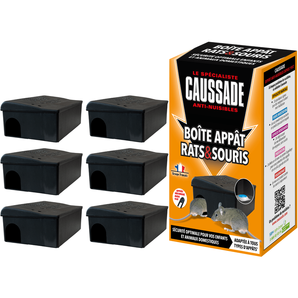Caussade 6 boîtes appât rats & souris - sécurisées avec clé - réutilisables - résistantes - à garnir avec différents appâts