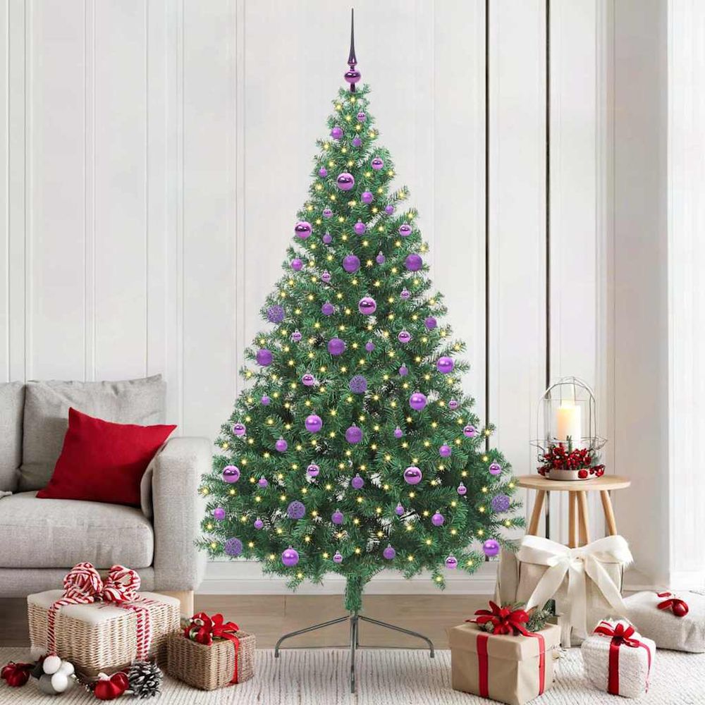 Sapin de noël artificiel 210 cm pvc avec éclairage led et 120 décorations
