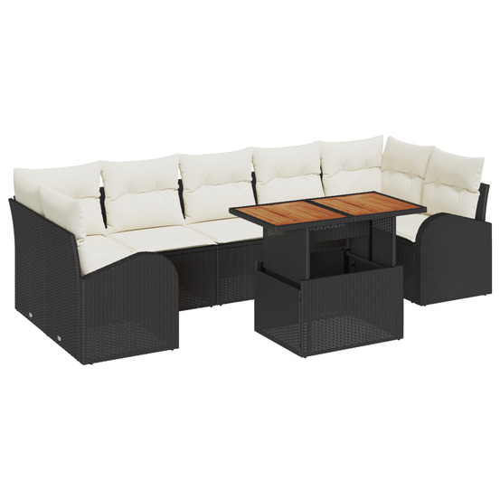Ensemble de salle à manger de jardin 8 pièces avec coussins noir en poly rattan acacia