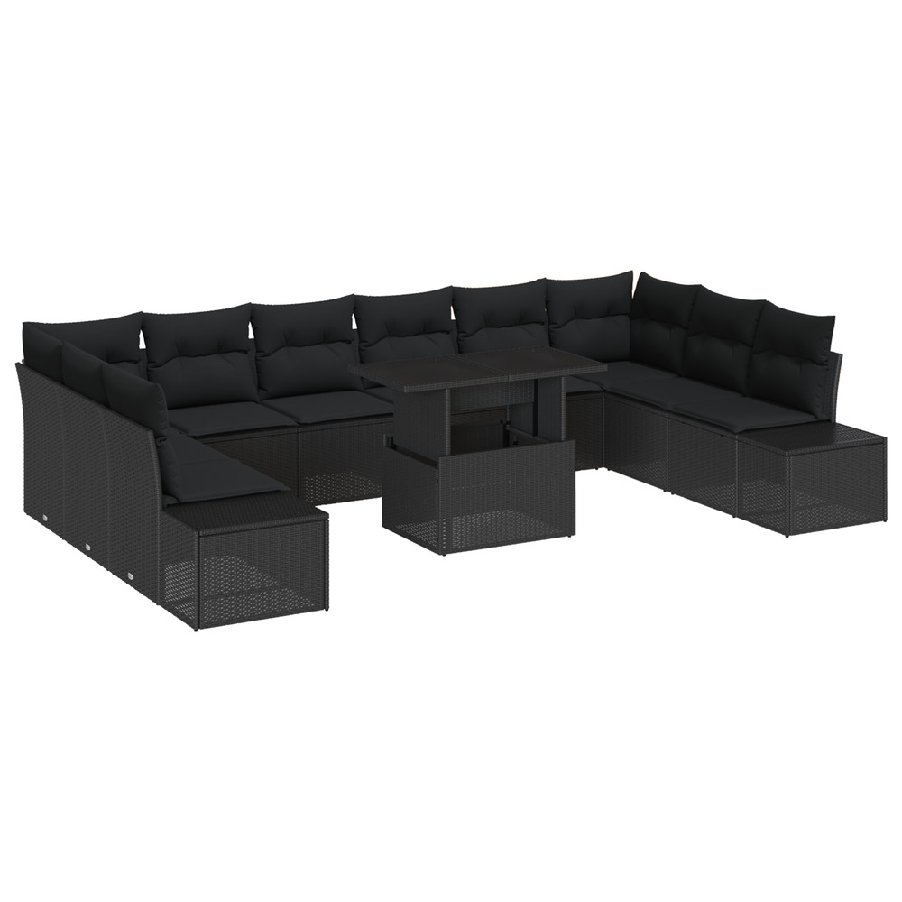 Set de canapé de jardin 11 pièces avec coussins en poly rattan noir