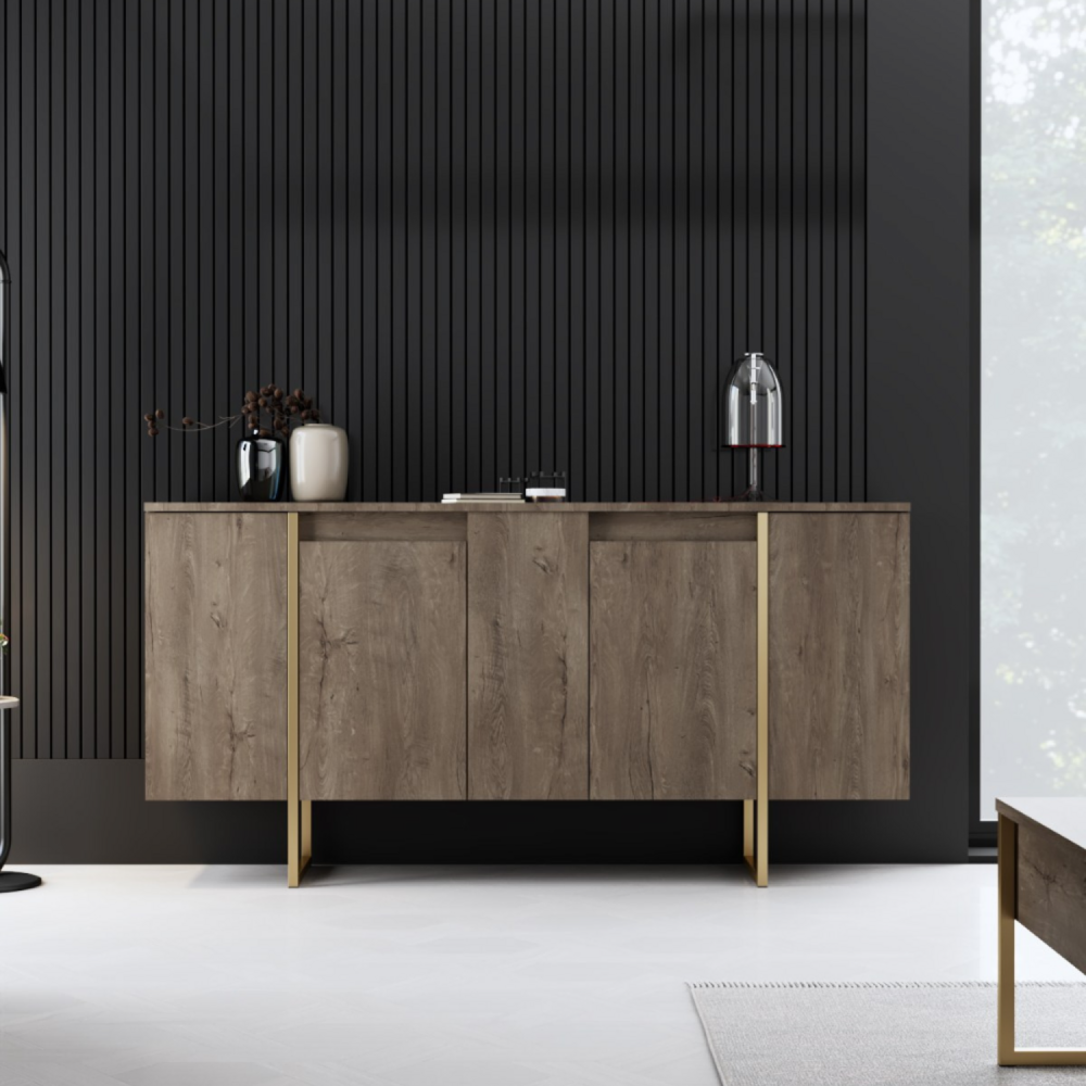 Buffet design bois et or 160 cm - 4 portes luxor