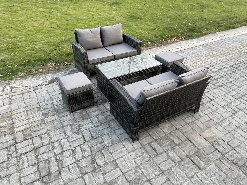 5 pièces ensemble de meubles de jardin en rotin ave 2 petit tabouret canapé gris foncé