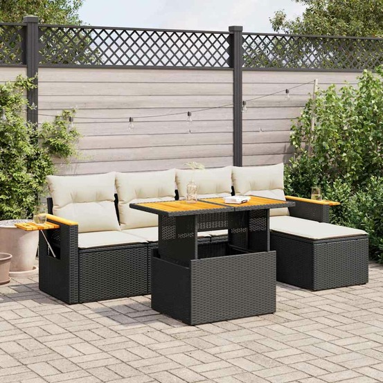Salon de jardin 6 pcs avec coussins noir résine tressée acacia