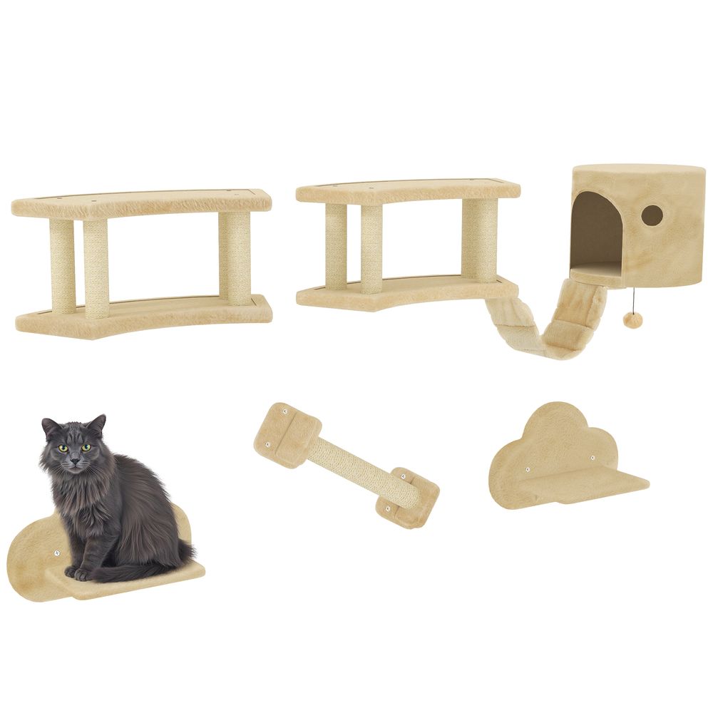 Parcours mural 5 pièces pour chat en bois avec maison et échelle suspendue beige