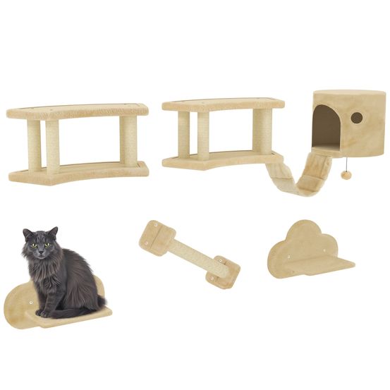 Parcours mural 5 pièces pour chat en bois avec maison et échelle suspendue beige