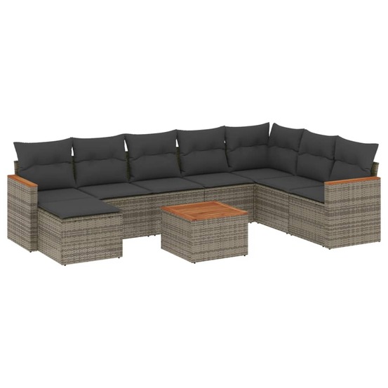 Salon de jardin 9 pcs avec coussins gris résine tressée