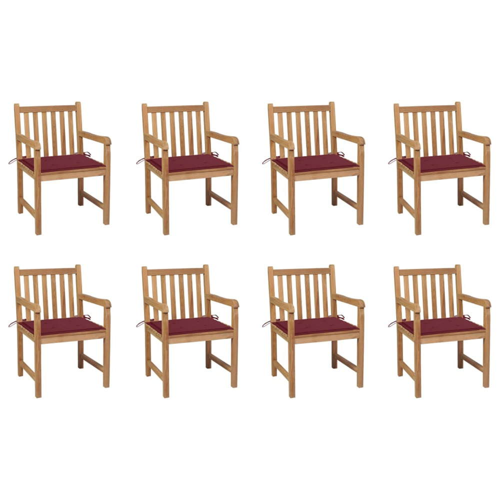 Chaises de jardin lot de 8 avec coussins bordeaux bois de teck
