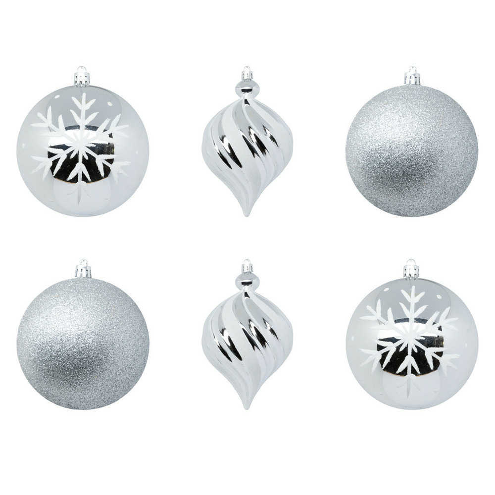 Déco de sapin lot de 6 boules de noël d 10 cm - argent et blanc