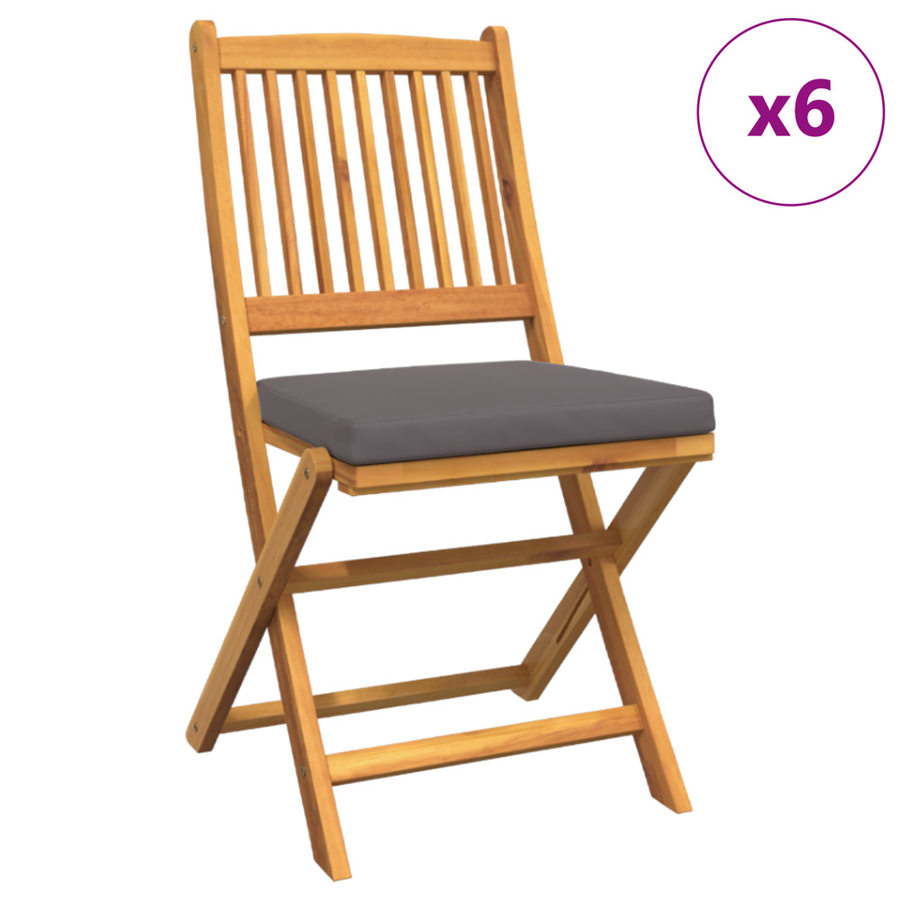 Chaises de jardin pliables avec coussin gris 6 pièces en bois d'acacia massif