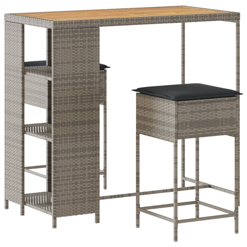 Ensemble de bar de jardin 3 pcs et coussins gris résine tressée