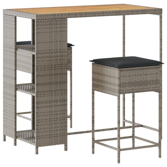 Ensemble de bar de jardin 3 pcs et coussins gris résine tressée