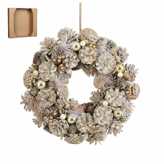Mica decorations hanley couronne de noël artificielle avec pommes de pin - h9 x ø34 cm - blanc