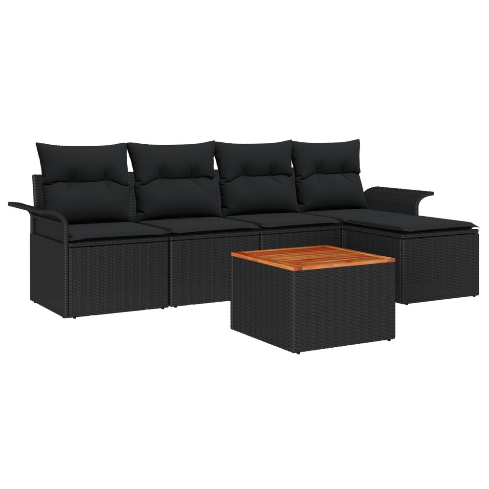Ensemble de canapé de jardin 6 pièces avec coussins en poly rotin noir et acacia