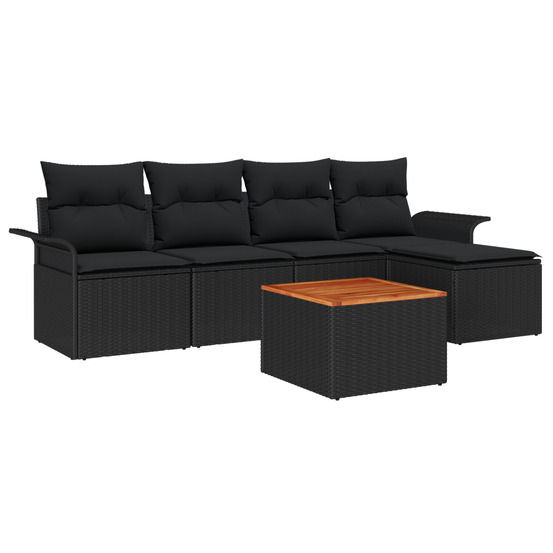 Ensemble de canapé de jardin 6 pièces avec coussins en poly rotin noir et acacia