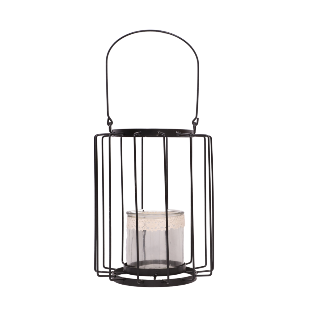 Lanterne jardin extérieur à poser bougie ancienne métal noir 20x25cm