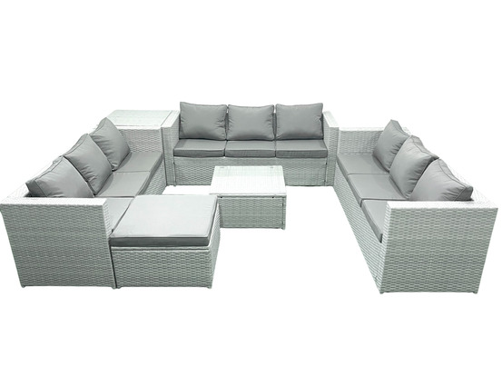 Ensemble de meubles de jardin en rotin 10 places avec canapé grand tabouret table d'appoint gris clair mixte