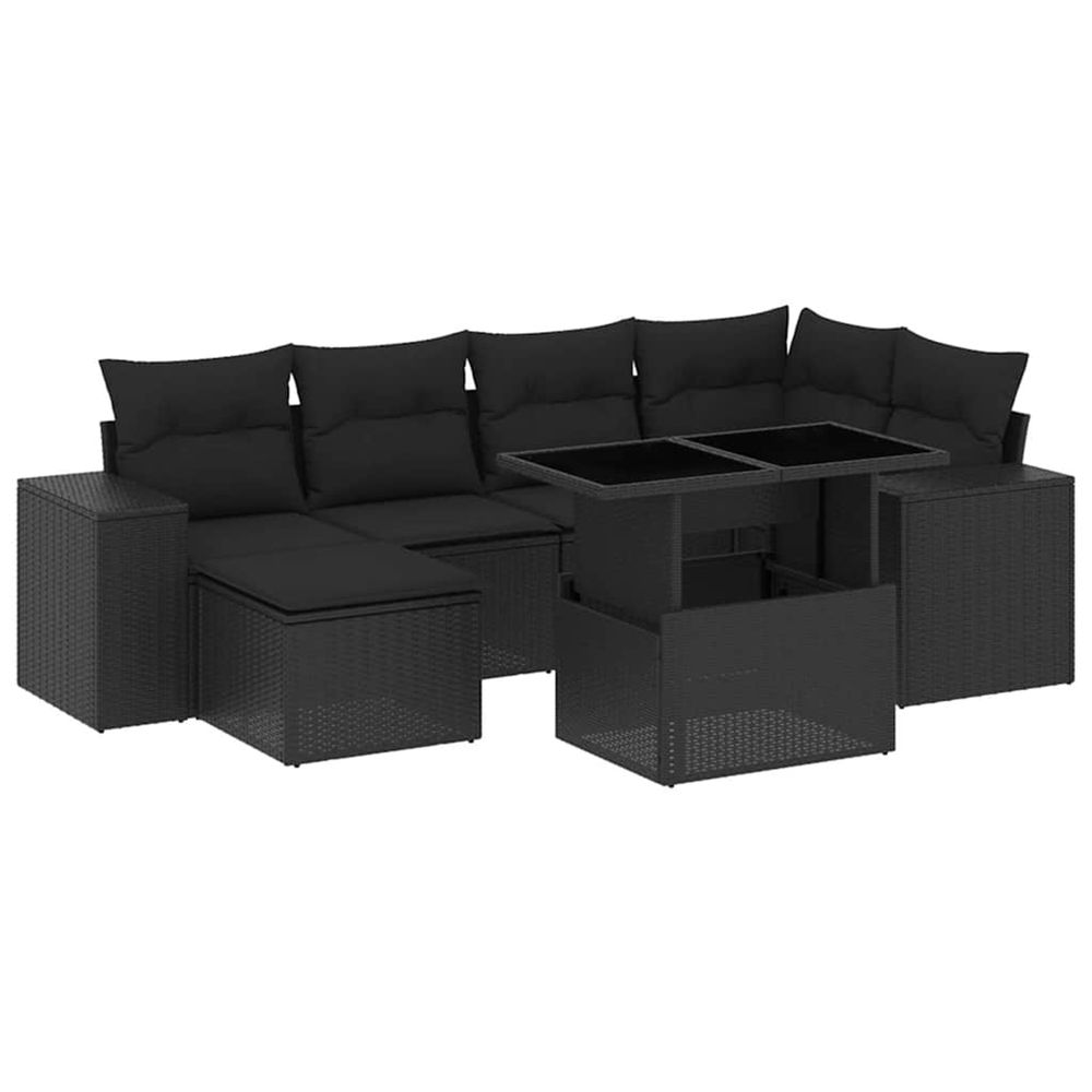 Salon de jardin 7 pcs avec coussins noir résine tressée