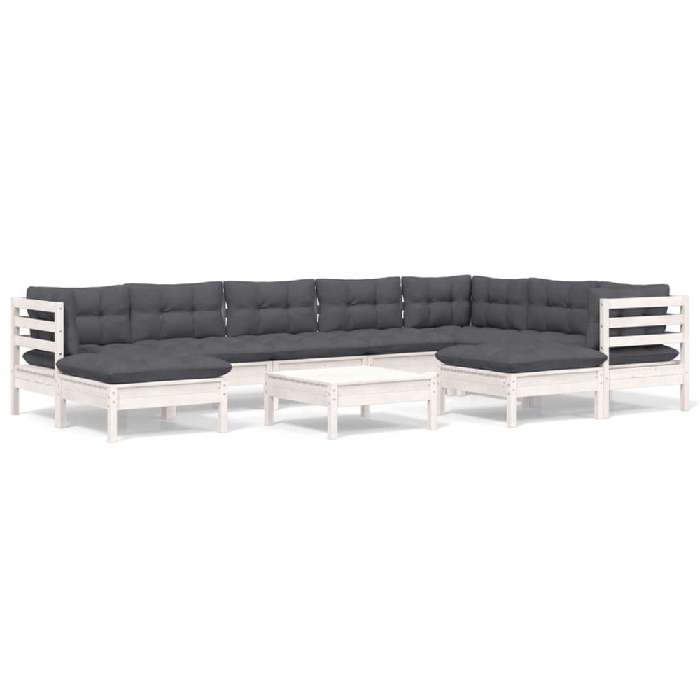 Salon de jardin 10 pcs avec coussins blanc bois de pin massif