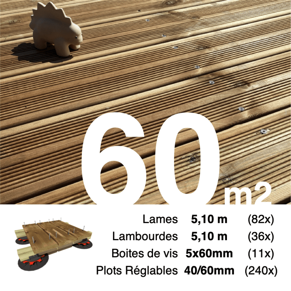 Kit complet terrasse pin autoclave marron pour 60 m², lames 5,1 m, lambourdes 5,1 m, plots réglables et visserie inox.