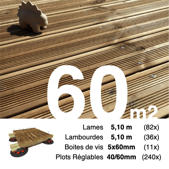 Kit complet terrasse pin autoclave marron pour 60 m², lames 5,1 m, lambourdes 5,1 m, plots réglables et visserie inox.