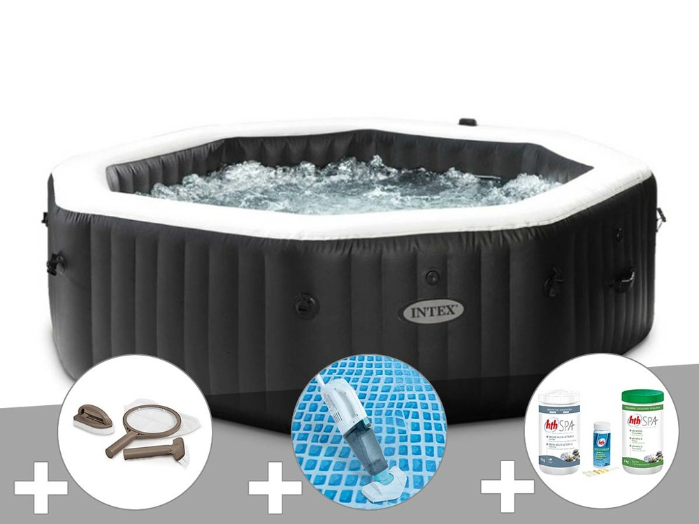 Kit spa gonflable purespa carbone octogonal bulles et jets 6 places + kit trait