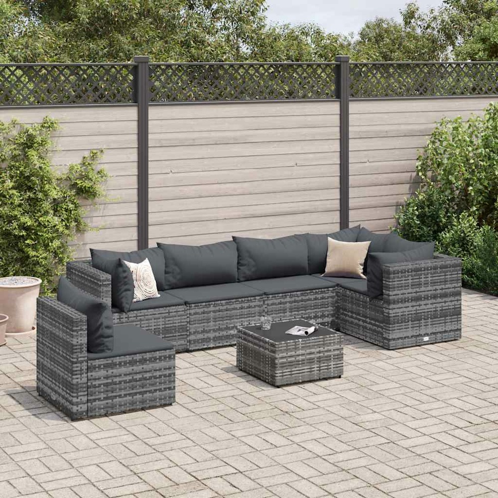 Salon de jardin 7 pcs avec coussins gris résine tressée