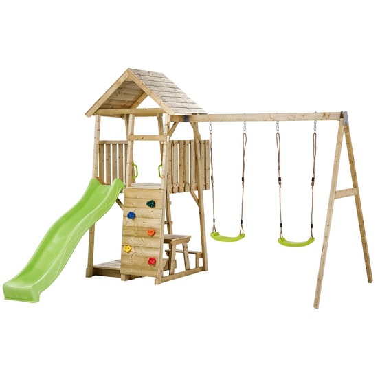 Aire de jeux bois, 2 balançoires, toboggan, escalade, bac à sable, table woodi