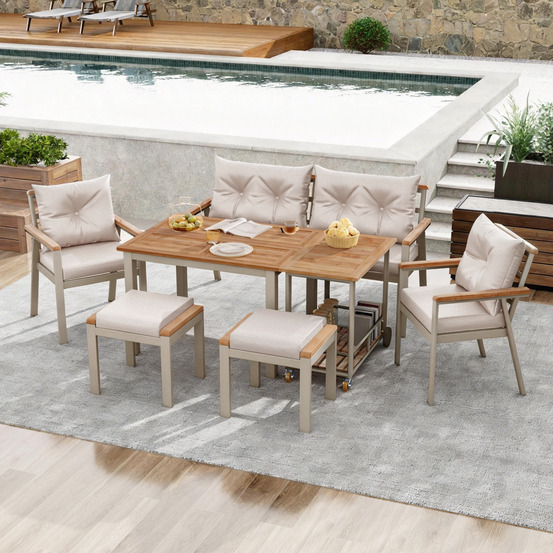 Salle à manger bois acacia 6-7 pers: fauteuils, desserte, housse tissu amovible beige naturel