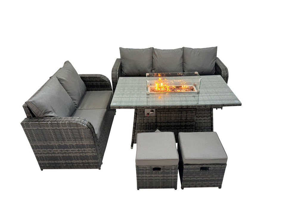 Salon de jardin exterieur table de foyer à gaz et canapé avec 2 petits tabourets