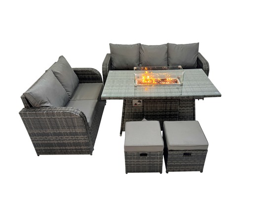 Salon de jardin exterieur table de foyer à gaz et canapé avec 2 petits tabourets