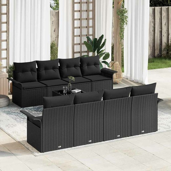 Ensemble de canapé de jardin avec coussin 9 pcs noir polyrotin