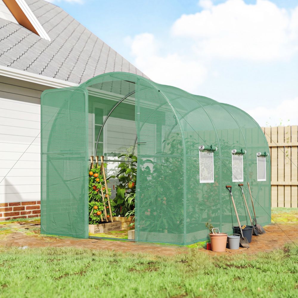 Serre tunnel de jardin pe acier 2 x 3 x 2 m verte porte battante 6 fenêtres - comfortxl outdoor living