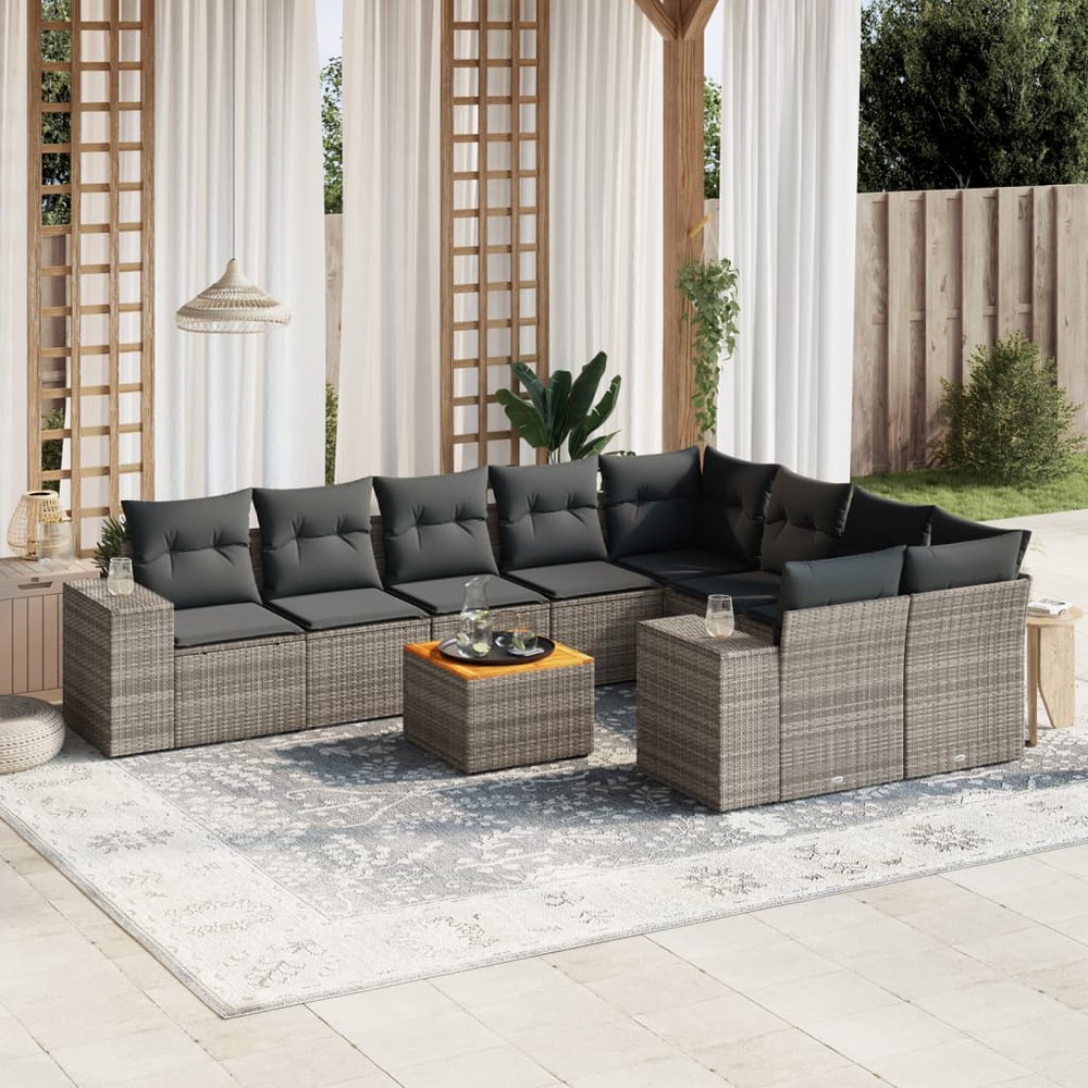 Salon de jardin avec coussins 10 pcs gris résine tressée