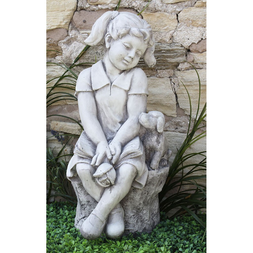 Sculpture fille assise en résine avec un petit chien 66cm